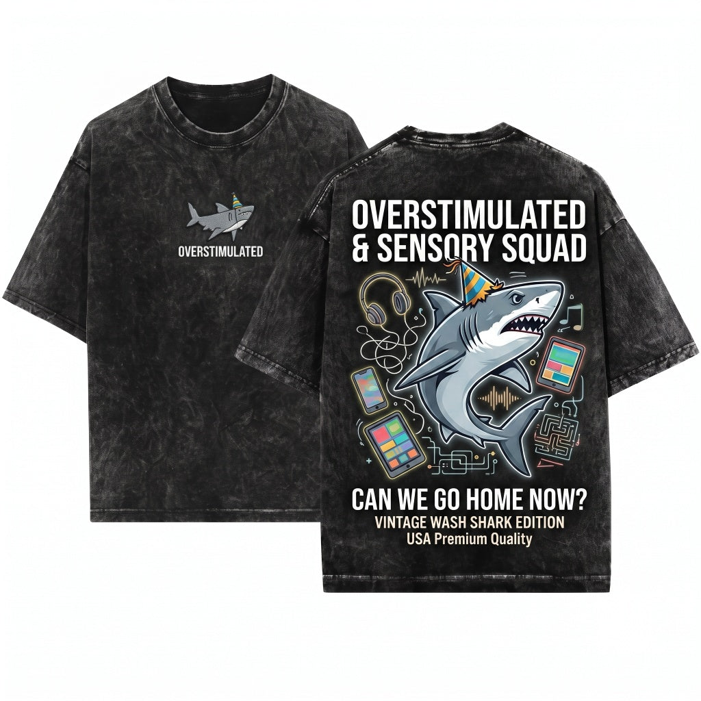 Overstimulated Party Hat Shark Embroidered Funny Weirdcore Summer Neurodivergent Ocean Vibes Unisex Wash T-Shirt