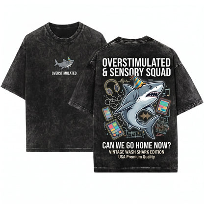 Overstimulated Party Hat Shark Embroidered Funny Weirdcore Summer Neurodivergent Ocean Vibes Unisex Wash T-Shirt