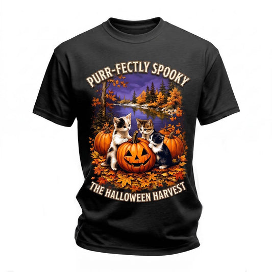 Vintage Autumn Fall Halloween Cottagecore Foliage Cute Cat Kitten Pumpkin Landscape Lover Gift Unisex TShirt