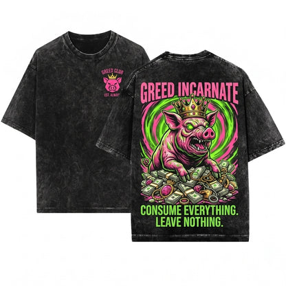 Greed Incarnate Vintage Japanese Graphic Pig Unisex Wash T-Shirt