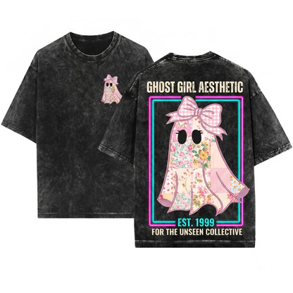 Pink Coquette Bow Cute Spooky Season Halloween Ghost Sweatshirt Unisex Wash T-Shirt