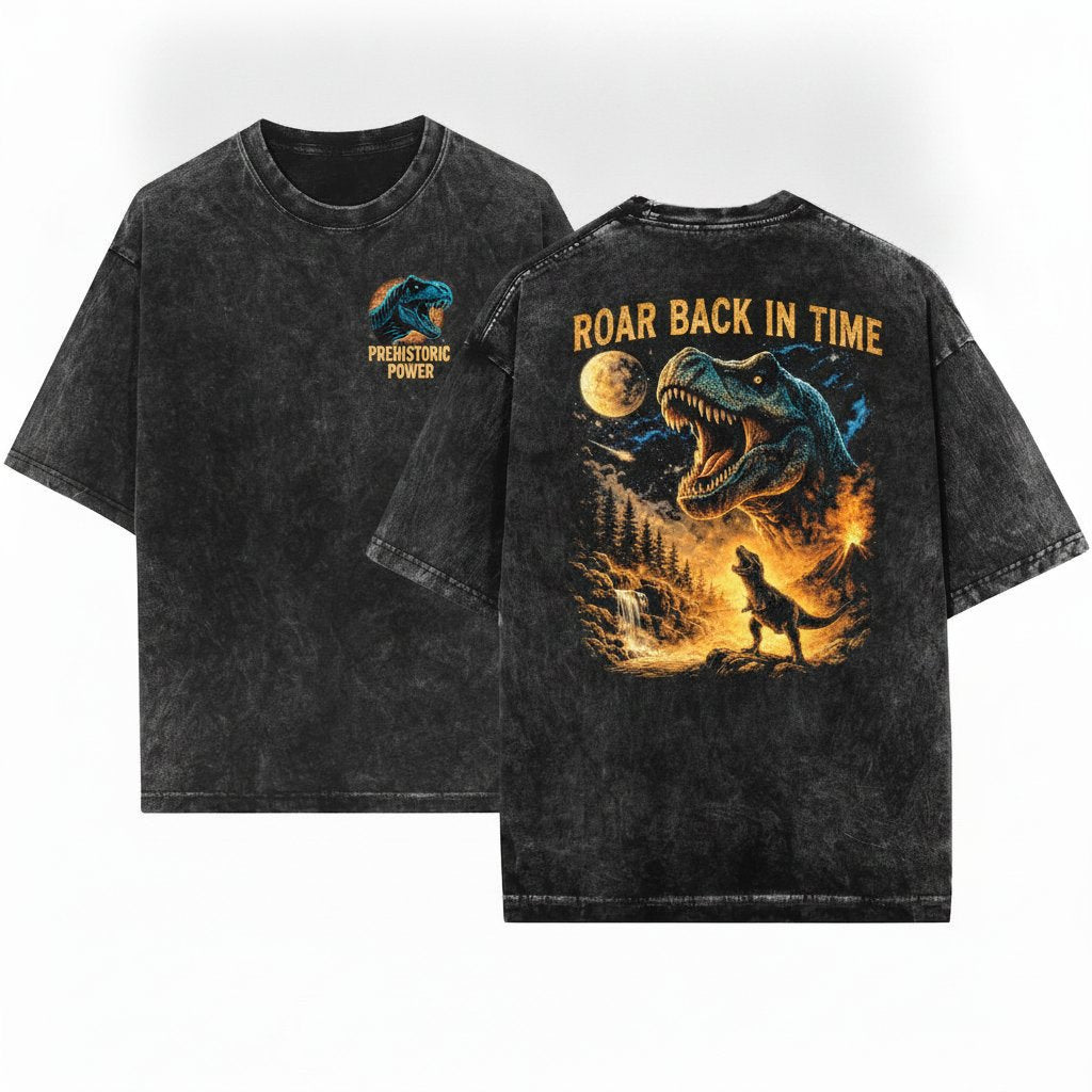 Vintage Dinosaur Howling Moon Graphic Gift 90s Animal Rex Unisex Wash T-Shirt