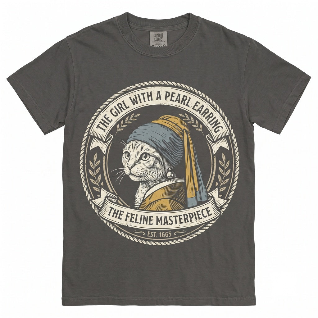 Cat with Pearl Earring Meme Art, Funny Gen Z Brainrot Kitty Parody Graphic Novelty Gift, Unisex TShirt