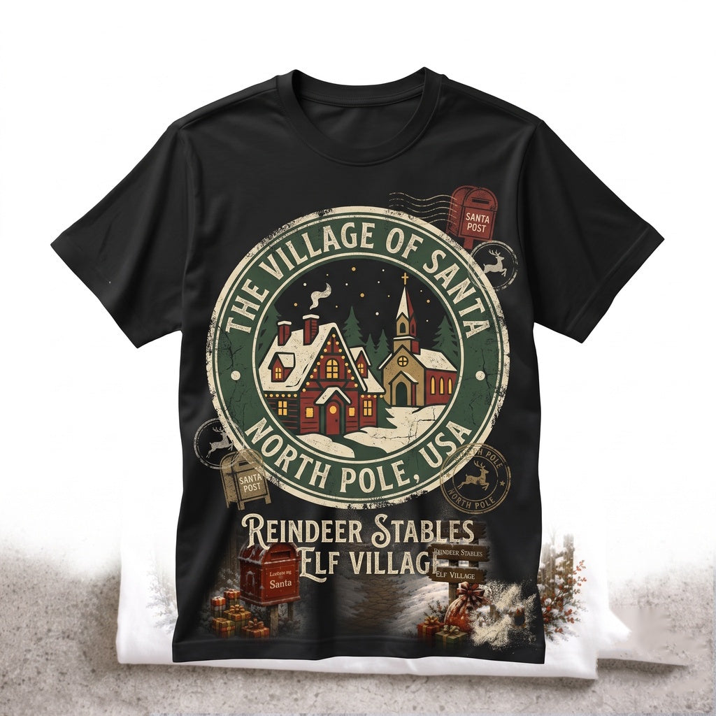 Vintage Snowy Christmas Village Santa Sleigh Cozy Holiday Winter Graphic Gift Unisex TShirt