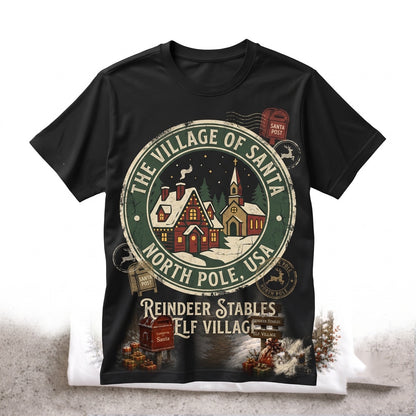 Vintage Snowy Christmas Village Santa Sleigh Cozy Holiday Winter Graphic Gift Unisex TShirt