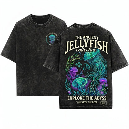 Vintage Jellyfish Marine Life Underwater Aquatic Sea Creature Graphic Aquarium Art Aesthetic Retro Gift Unisex Wash T-Shirt