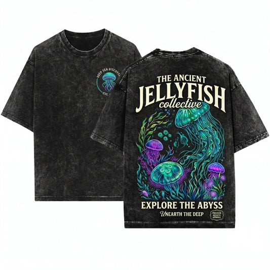 Vintage Jellyfish Marine Life Underwater Aquatic Sea Creature Graphic Aquarium Art Aesthetic Retro Gift Unisex Wash T-Shirt