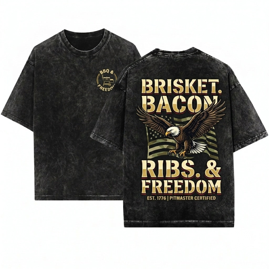Brisket Bacon Ribs Freedom Funny BBQ Pitmaster Grilling Meat Smoker Gift Unisex Wash T-Shirt