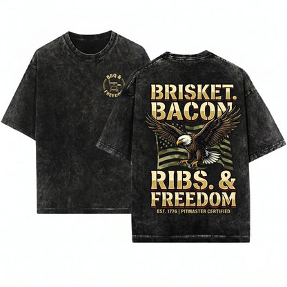 Brisket Bacon Ribs Freedom Funny BBQ Pitmaster Grilling Meat Smoker Gift Unisex Wash T-Shirt