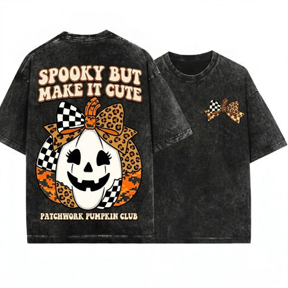 Coquette Cute Neutral Checkered Leopard Beige Boho Fall Halloween Pumpkin Gift Unisex Wash T-Shirt