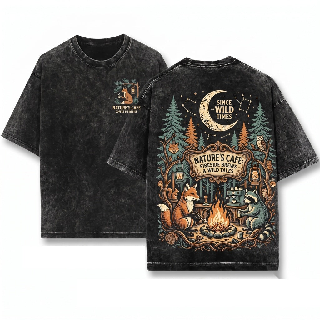 Retro Camping Raccoon Forest Campfire Wildlife Cozy Outdoor Adventure Nature Gift Unisex Wash T-Shirt