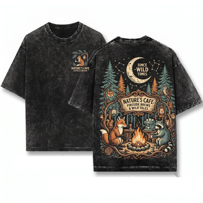 Retro Camping Raccoon Forest Campfire Wildlife Cozy Outdoor Adventure Nature Gift Unisex Wash T-Shirt