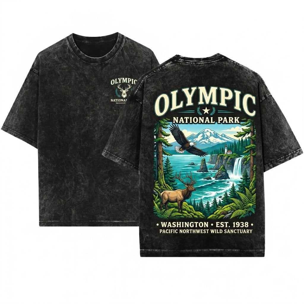 Vintage Olympic National Park Washington Coastal Mountain Pacific Northwest Hiking Adventure Gift Unisex Wash T-Shirt