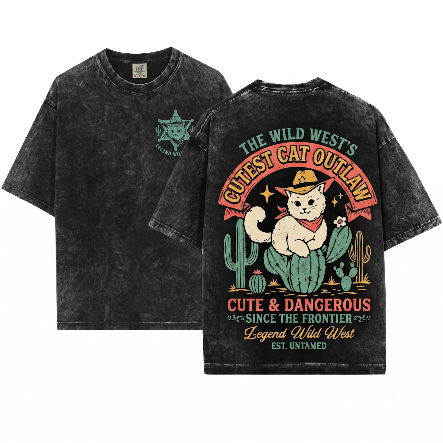 Cute and Dangerous Cowboy Cat on Cactus Tee - Funny Western Mom Gift Cowgirl Wild West - Unisex Heavyweight Garment-Dyed T-Shirt
