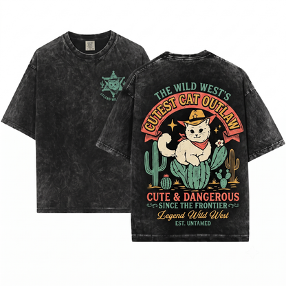 Cute and Dangerous Cowboy Cat on Cactus Tee - Funny Western Mom Gift Cowgirl Wild West - Unisex Heavyweight Garment-Dyed T-Shirt