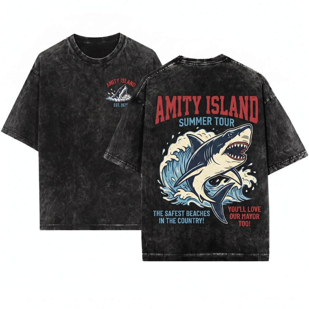 Retro Amity Island Funny Shark Movie Graphic Unisex Wash T-Shirt