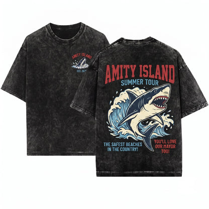 Retro Amity Island Funny Shark Movie Graphic Unisex Wash T-Shirt