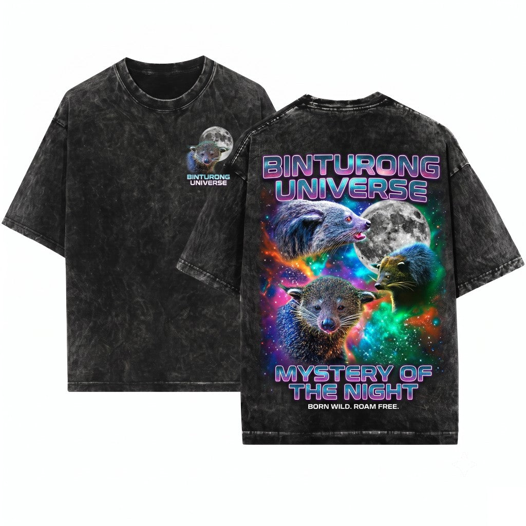 Retro Three Binturong Bearcat Moon Jungle Animal Graphic Oversized Gift Unisex Wash T-Shirt