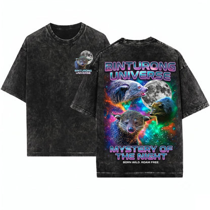 Retro Three Binturong Bearcat Moon Jungle Animal Graphic Oversized Gift Unisex Wash T-Shirt