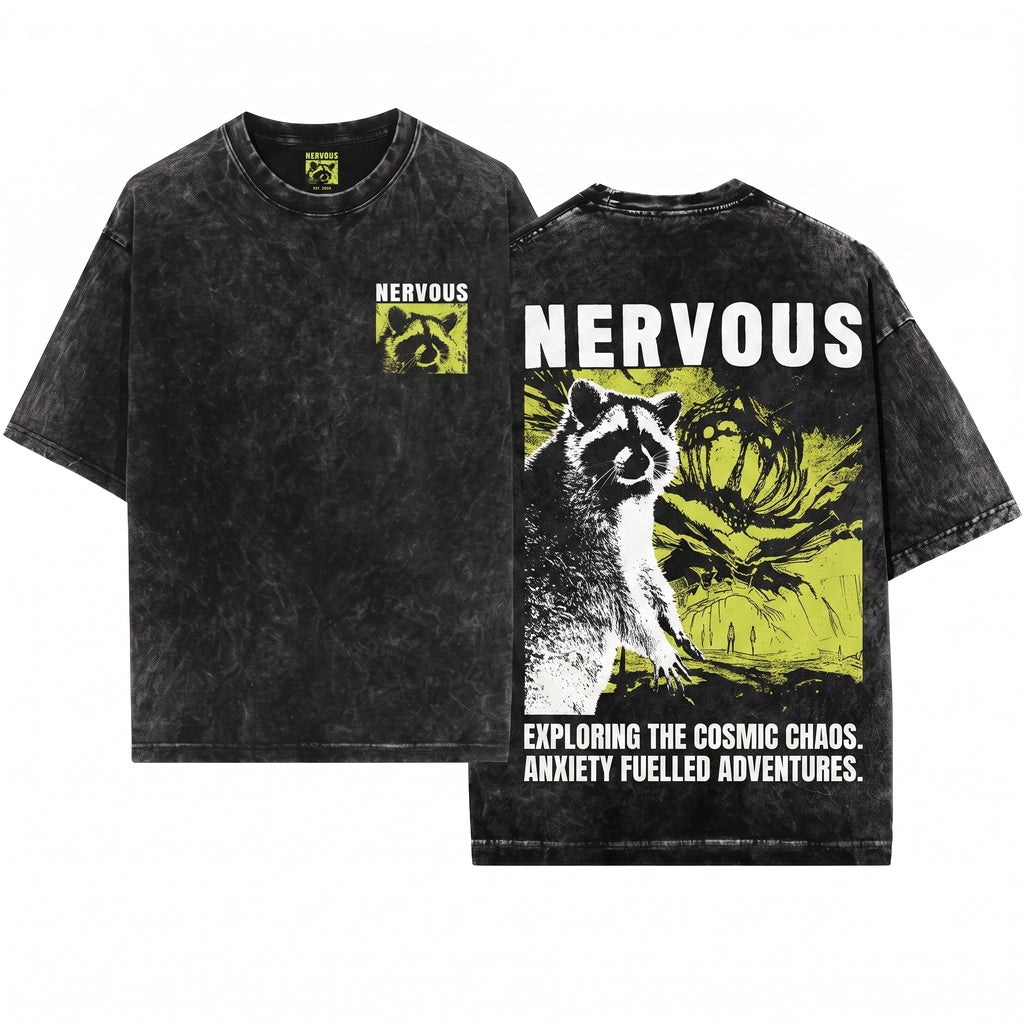 Nervous Raccoon Japanese Graphic Anxious Animal Aesthetic Apparel Unisex Wash T-Shirt