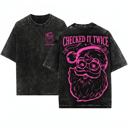 Pink Retro Minimalist Santa Line Art Vintage Christmas Holiday Graphic Unisex Wash T-Shirt