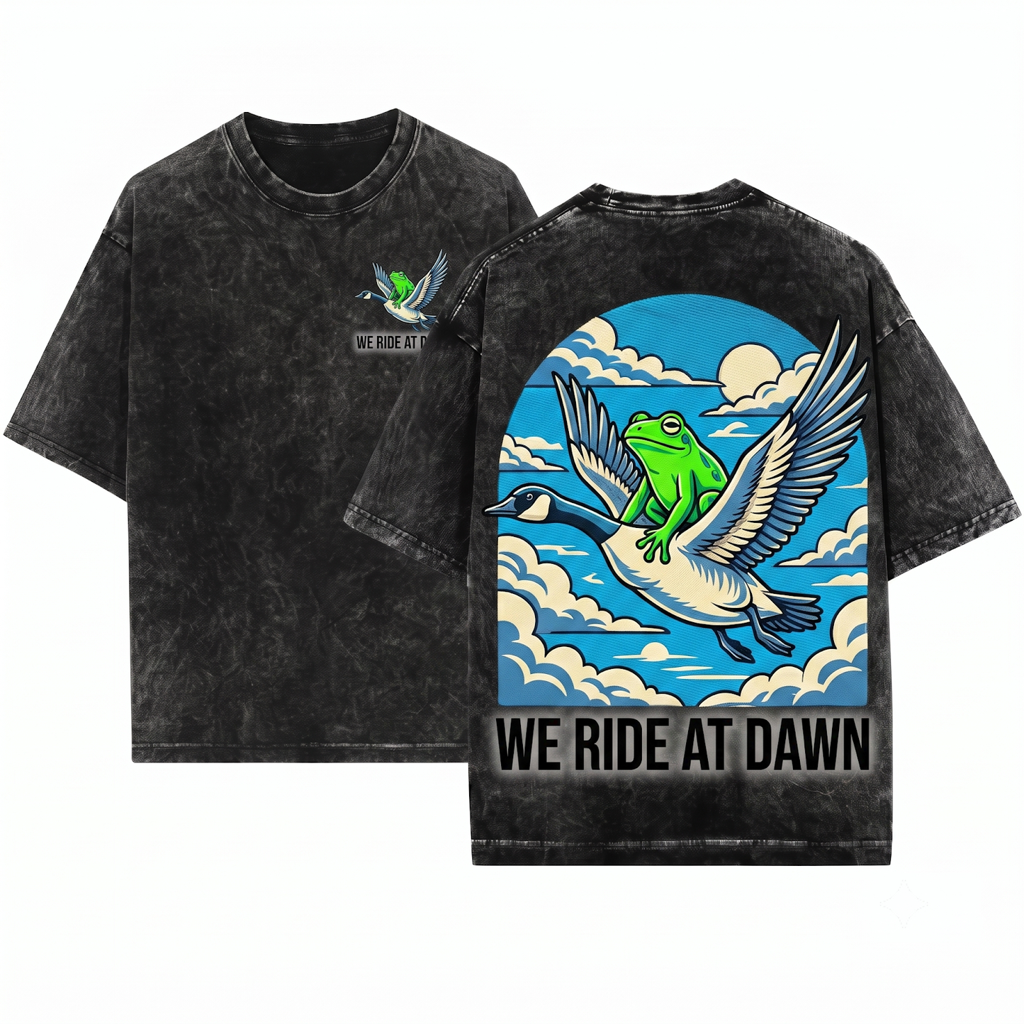 We Ride at Dawn Graphic Tee - Funny Frog Goose Chaotic Animal Gamer Gift Unisex Heavyweight Garment-Dyed T-Shirt