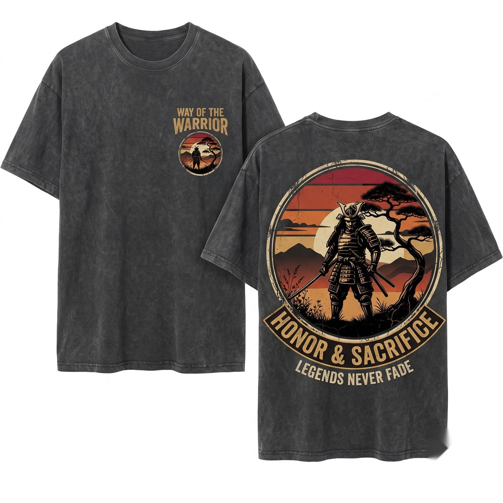 Japanese Samurai Retro Sunset Warrior Graphic Unisex Wash T-Shirt