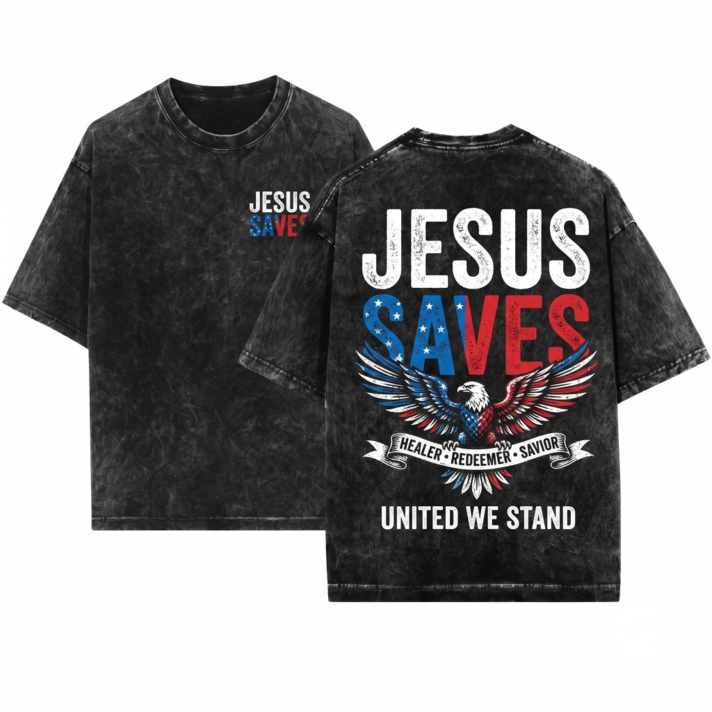 Jesus Saves Christian Patriotic USA Fourth Of July Faith Graphic Religious Unisex Wash T-Shirt
