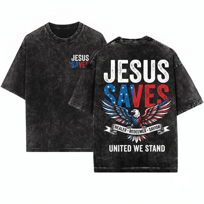 Jesus Saves Christian Patriotic USA Fourth Of July Faith Graphic Religious Unisex Wash T-Shirt