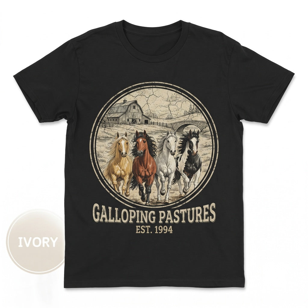 Vintage Running Horses Graphic Farm Countryside Animal Western Nature Top Horse Lover Gift Unisex TShirt