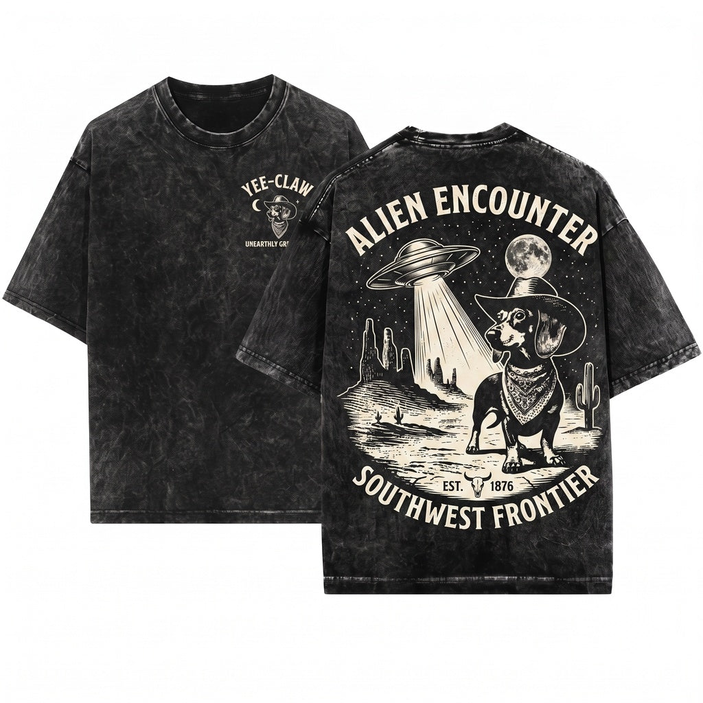 Vintage Dachshund UFO Western Cowboy Country Doxie Wiener Sausage Dog Gift Unisex Wash T-Shirt