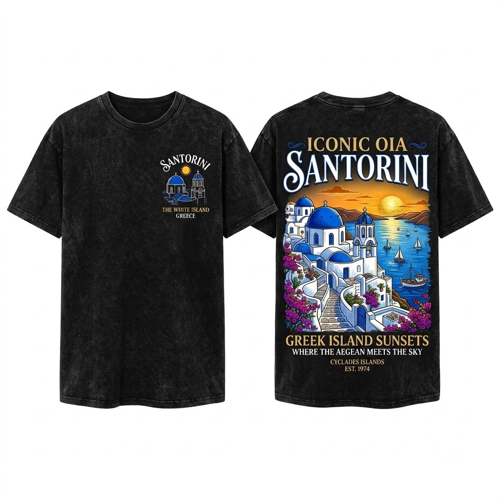 Santorini Greece Coastal Vacation Summer Beach Graphic Vintage Souvenir Unisex Wash T-Shirt