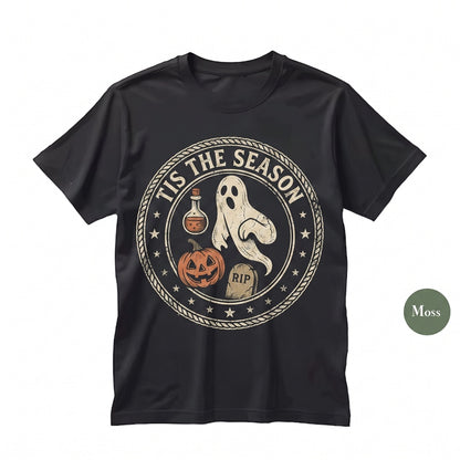 Tis the Season Vintage Halloween Skeleton Pumpkin Ghost Graphic Apparel Unisex TShirt