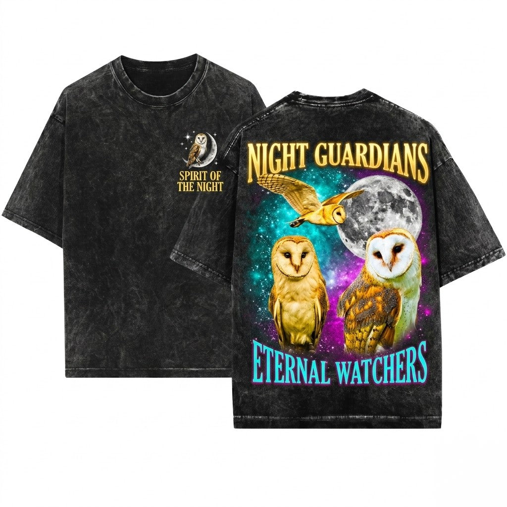 Three Barn Owl Retro Graphic Vintage Moon Bird Animal Lovers Gift Oversized Unisex Wash T-Shirt