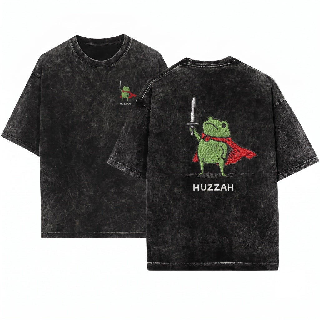 Huzzah Knight Frog Funny Tabletop RPG Embroidered Graphic Unisex Wash T-Shirt