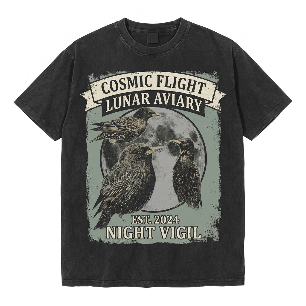 Three Starling Moon European Bird Lover Iridescent Songbird Galaxy Gift Vintage Wash Retro Graphic Pet Unisex TShirt