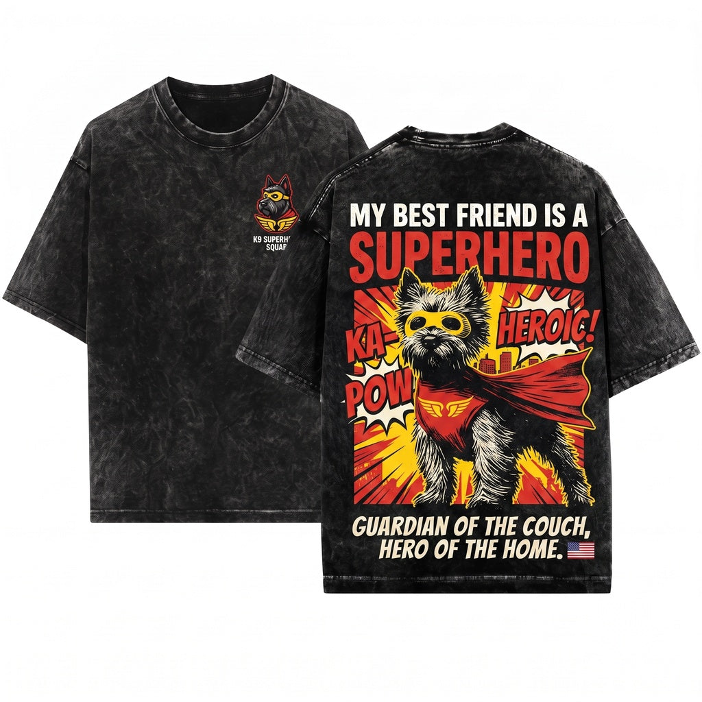 Cairn Terrier Superhero Comic Book Vintage Cartoon Pet Lover Gift for Geek Mom Dad Unisex Wash T-Shirt
