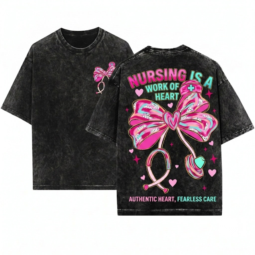 Cute Pink Brushstroke Nurse Stethoscope Heart Graphic Medical Bow Valentine Unisex Wash T-Shirt