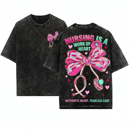 Cute Pink Brushstroke Nurse Stethoscope Heart Graphic Medical Bow Valentine Unisex Wash T-Shirt
