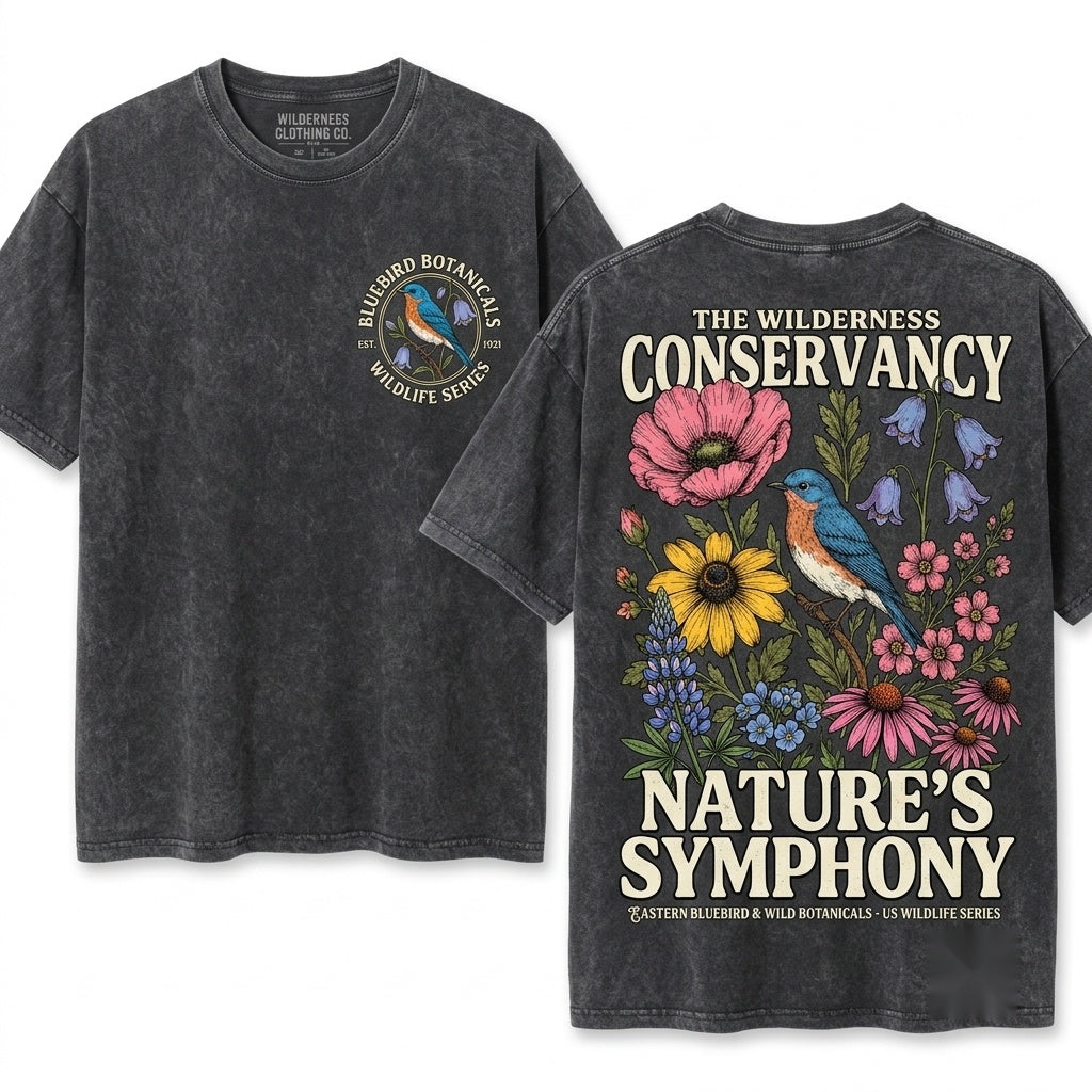 Vintage Bluebird Botanical Flower Graphic Classic Wildflower Garden Nature Lover Gift Unisex Wash T-Shirt