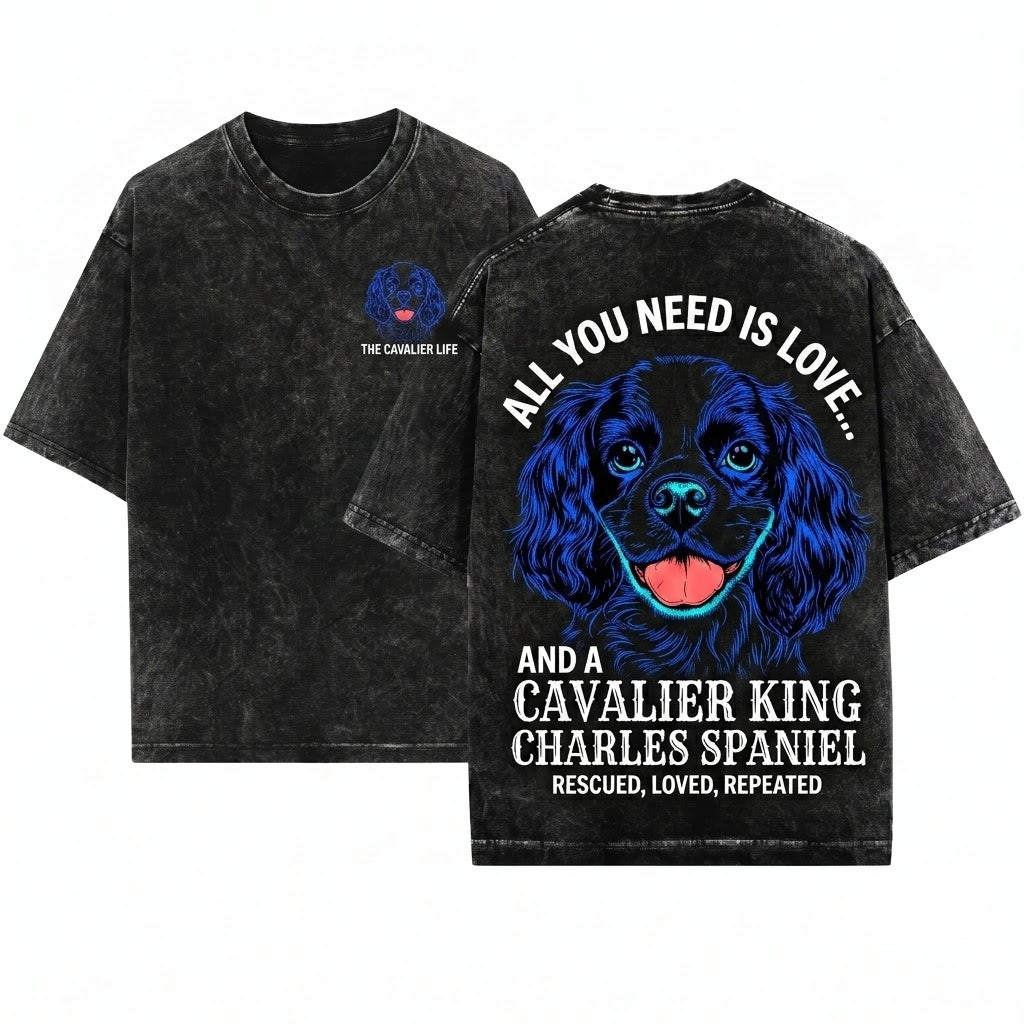 Cavalier King Charles Spaniel Dog Breed Pet Animal Lover Crewneck Unisex Wash T-Shirt