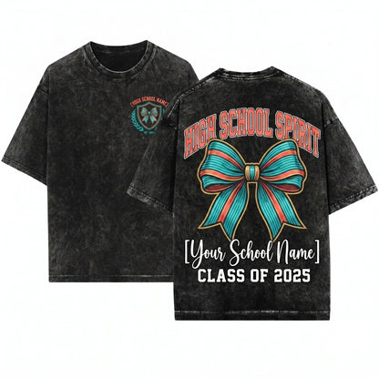 Customized School Spirit Blue Ribbon Lace Coquette Mascot Team Pride Personalized Unisex Wash T-Shirt