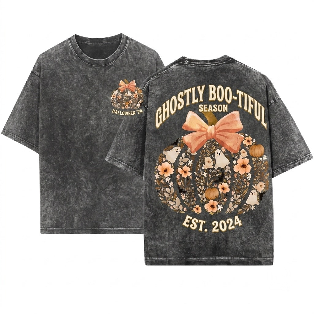 Vintage Floral Fall Pumpkin Ghost Bow Halloween Unisex Wash T-Shirt