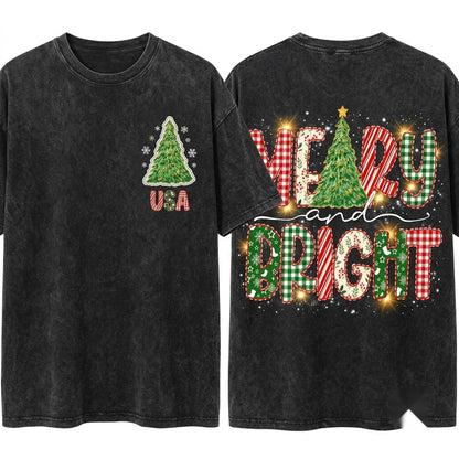 Lace Preppy Merry Bright Christmas Plaid Checkered Xmas Doodles Tree PNG Graphic Graphic T-Shirt Unisex Wash T-Shirt
