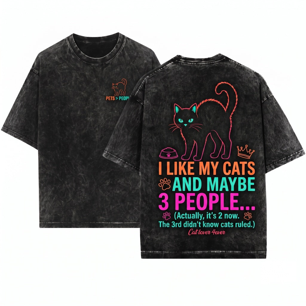 I Like My Cat And Maybe 3 People Funny Introvert Sarcastic Pet Lover Gift Unisex Wash T-Shirt