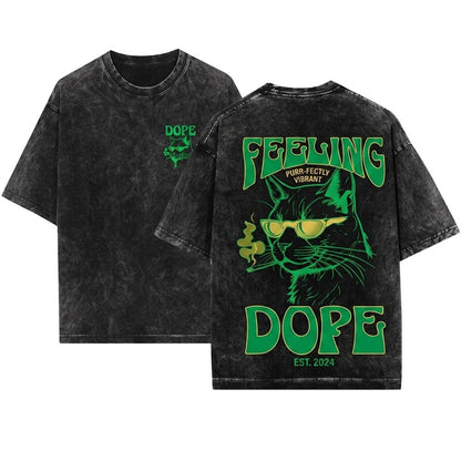 Feeling Dope Cat Weed Vintage 420 Getting High Sunglasses Gift Stoner Animals Smoking Unisex Wash T-Shirt