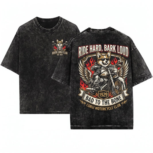 Corgi Dog Motorcycle Biker Retro Rider Vintage Motorbike Lover Graphic Unisex Wash T-Shirt