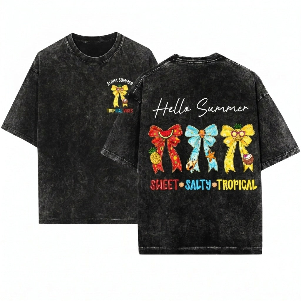 Hello Summer Coquette Tropical Bow Sweet Salty Beach Fruit Seashell Vacation Unisex Wash T-Shirt