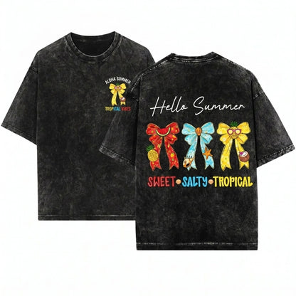 Hello Summer Coquette Tropical Bow Sweet Salty Beach Fruit Seashell Vacation Unisex Wash T-Shirt
