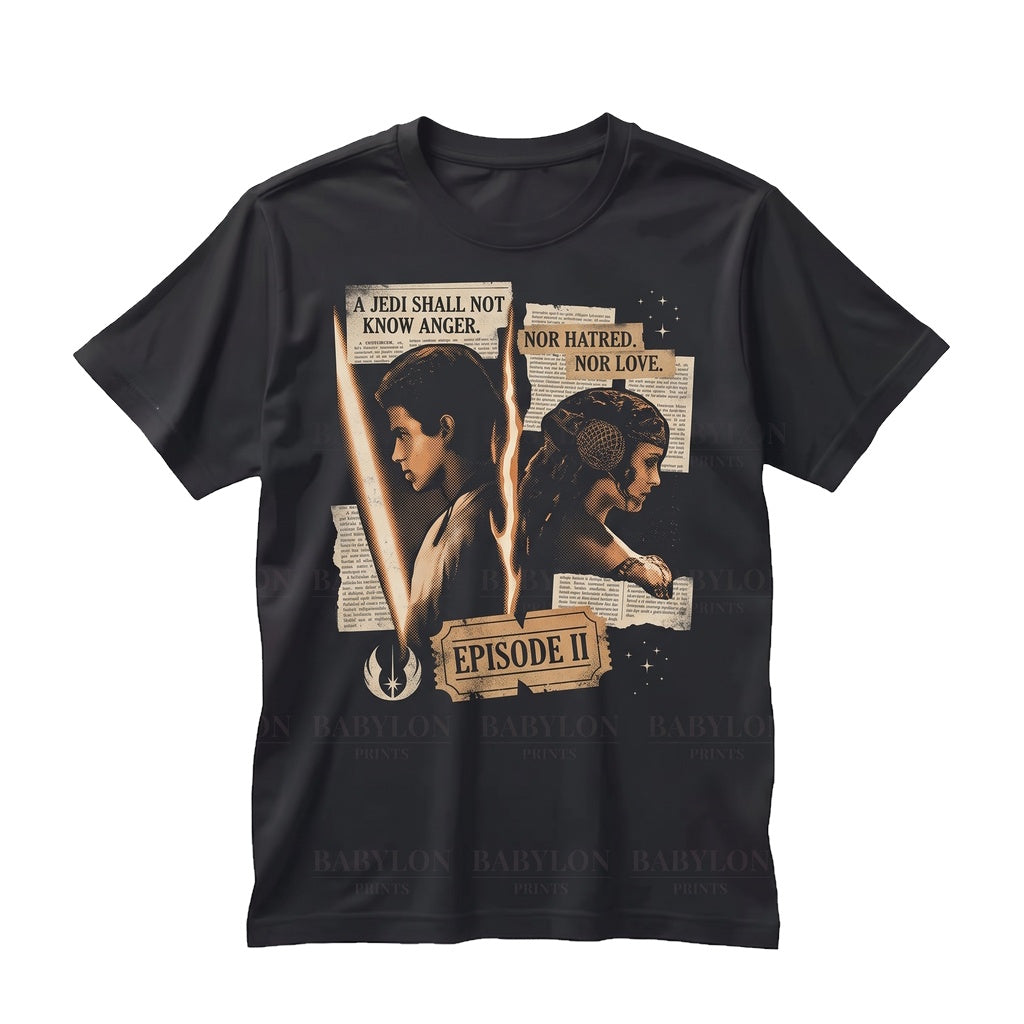 Vintage Attack of The Clones Anakin and Padme Movie Poster Graphic Sci-Fi Prequel World Trip Fan Apparel Unisex TShirt